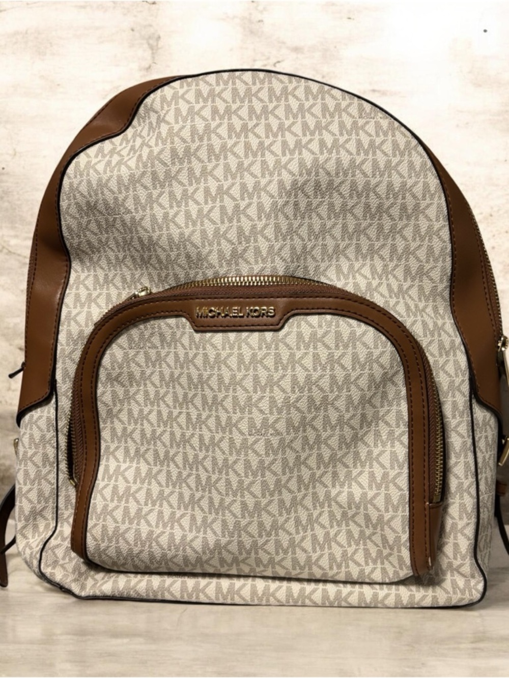 Michael Kors Beige/ Brown Signature MK Logo Backpack